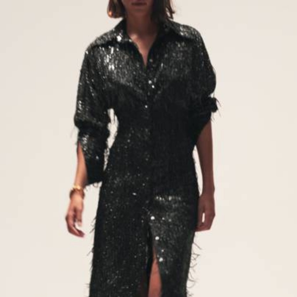 Zara | Dresses | Zara Limited Edition Black Sequin Shirt Midi Dress Sz  Medium | Poshmark